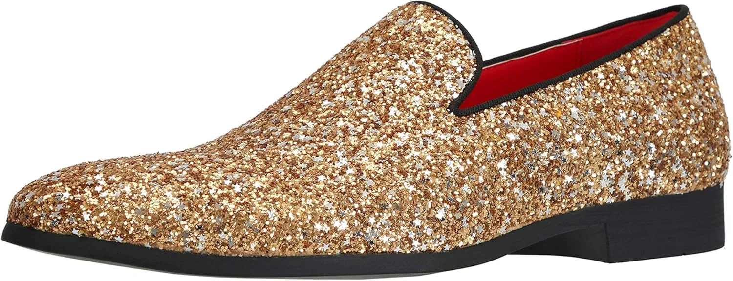 Santimon Mens Slip On Loafer Shoes Metallic Sequins Nightclub Glitter Loafers Luxury Wedding Prom Shoes