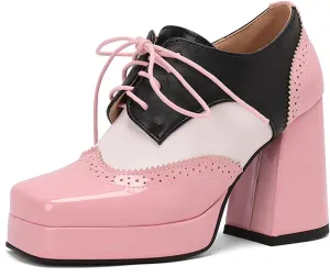 SHEMEE Multi-Colored Oxford Heels for Women Square Toe Chunky High Heels Platform Pumps Lace Up Derby Shoe Leisure Perforated Brogues Work Office Dress Shoes