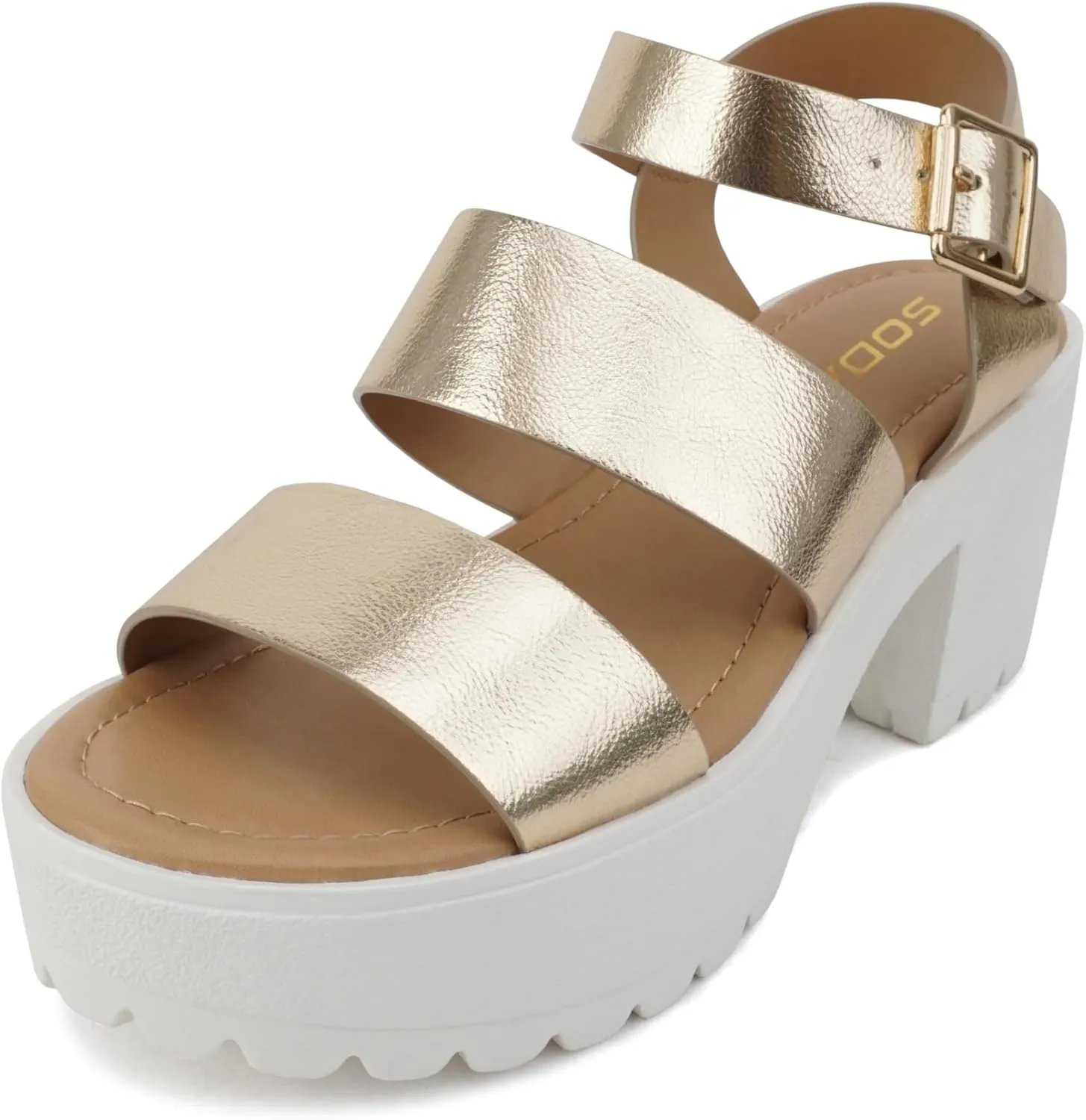 Soda ACCOUNT ~ Women Open Toe Two Bands Lug sole Fashion Block Heel Sandals with Adjustable Ankle Strap