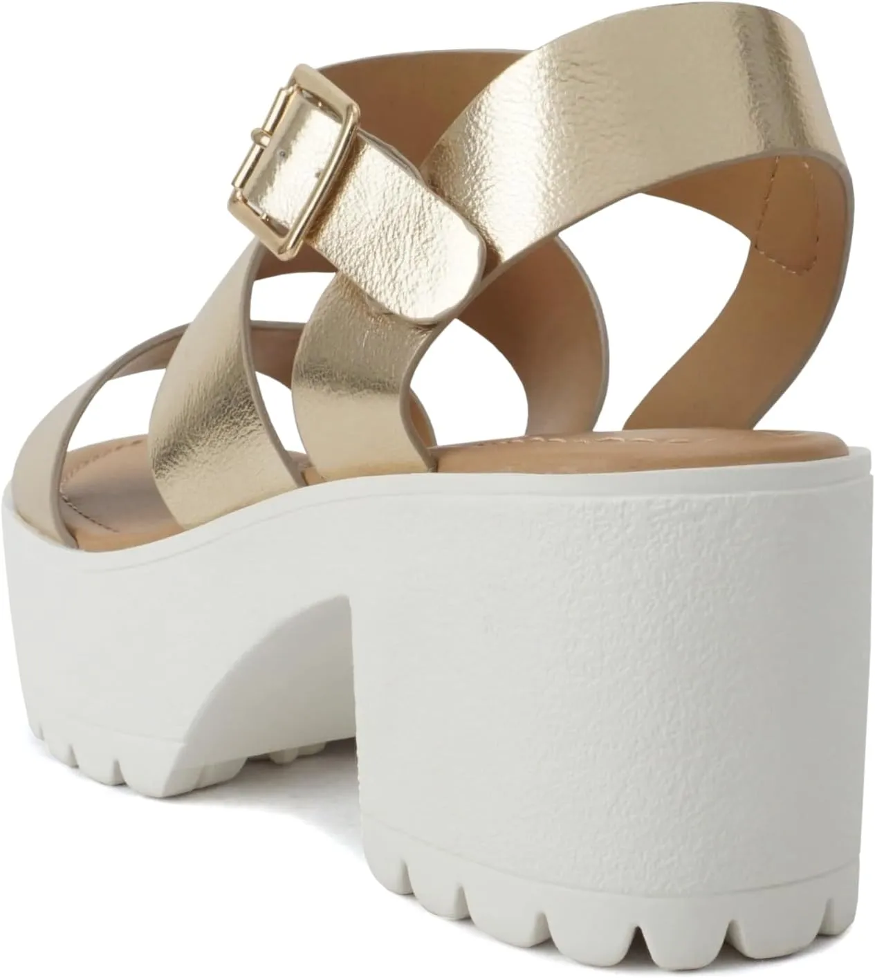Soda ACCOUNT ~ Women Open Toe Two Bands Lug sole Fashion Block Heel Sandals with Adjustable Ankle Strap