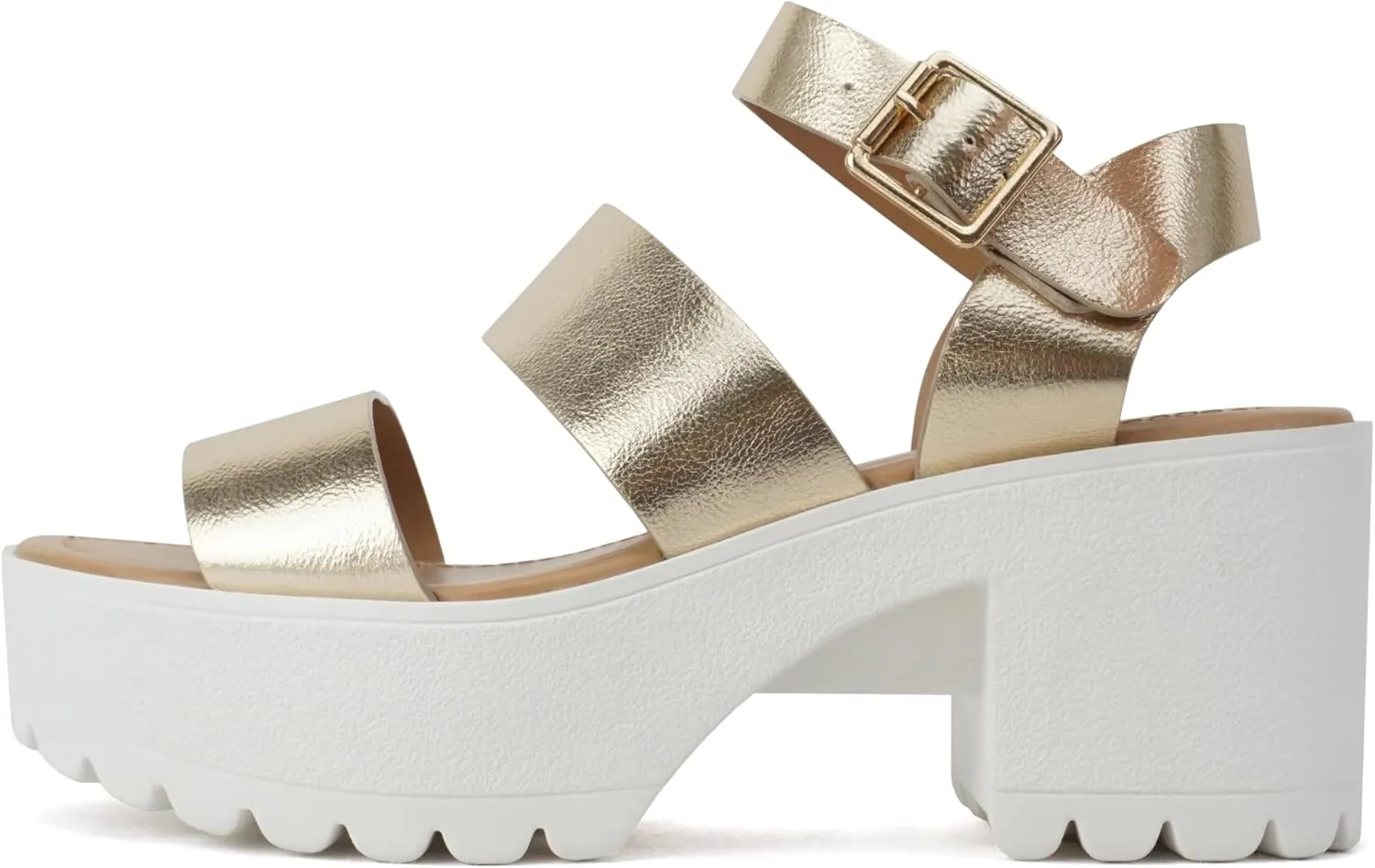 Soda ACCOUNT ~ Women Open Toe Two Bands Lug sole Fashion Block Heel Sandals with Adjustable Ankle Strap