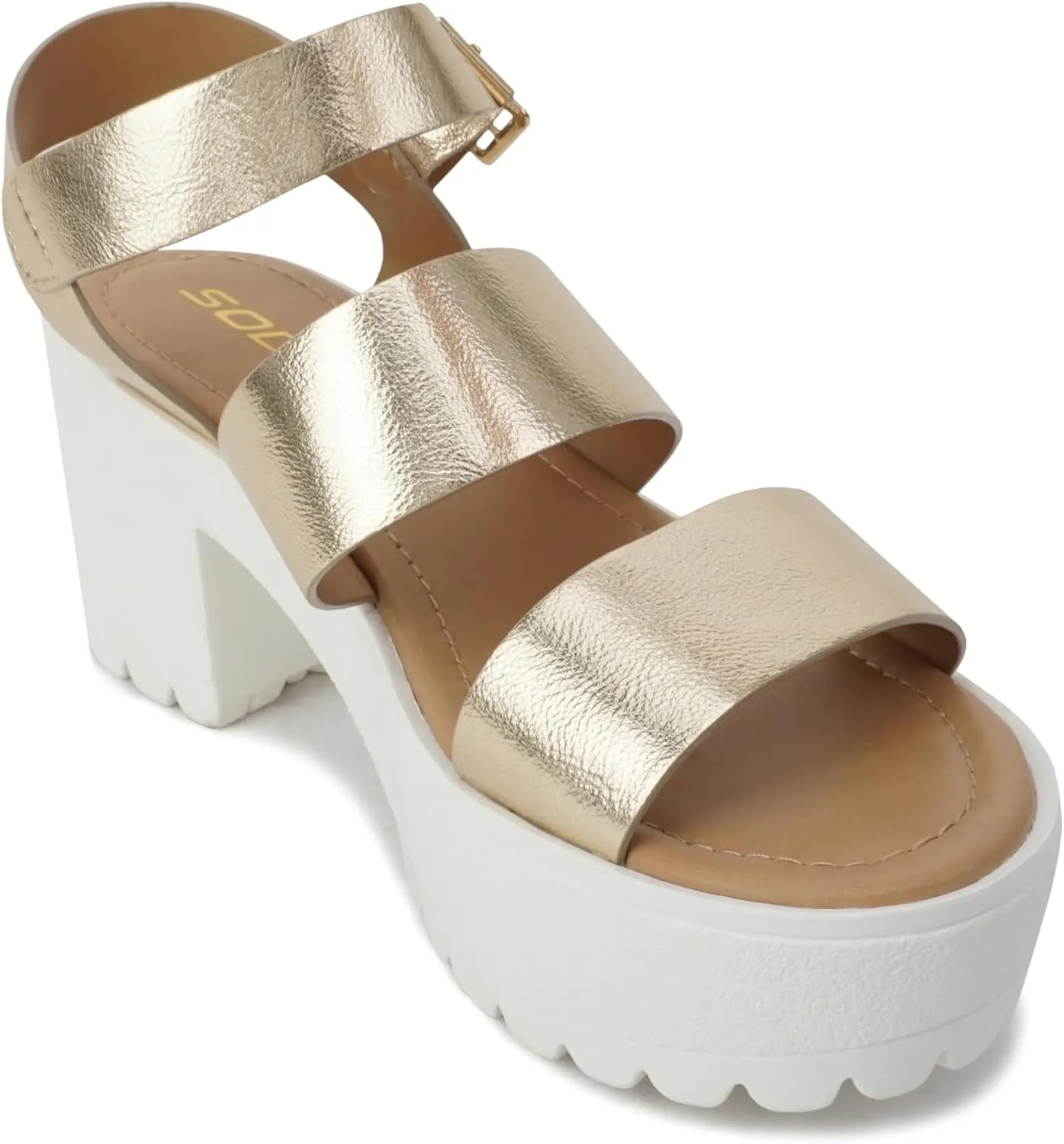 Soda ACCOUNT ~ Women Open Toe Two Bands Lug sole Fashion Block Heel Sandals with Adjustable Ankle Strap