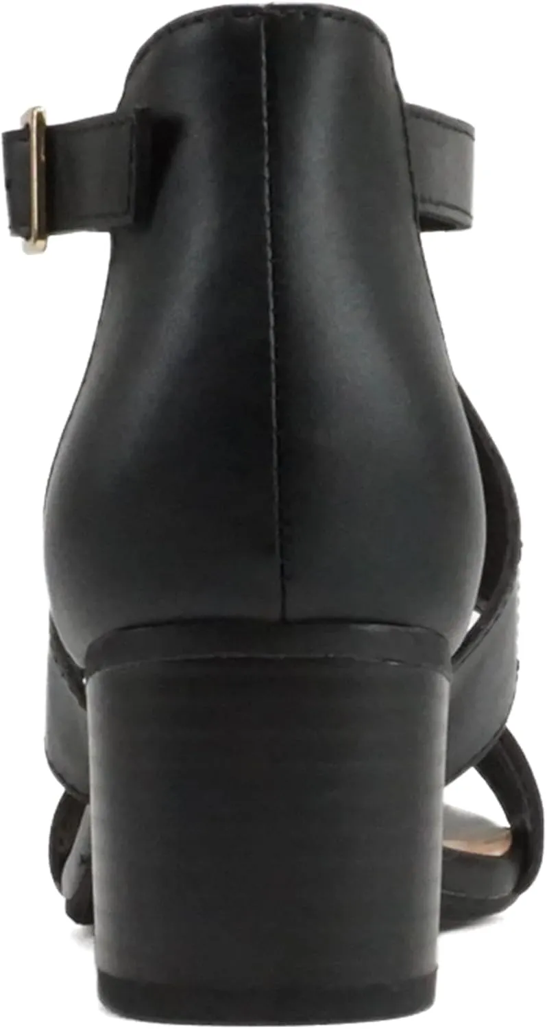 Soda “Norway” ~ Women Open Toe Closed Back Counter Cutout Upper Low Block Heel Sandal with Adjustable Ankle Strap