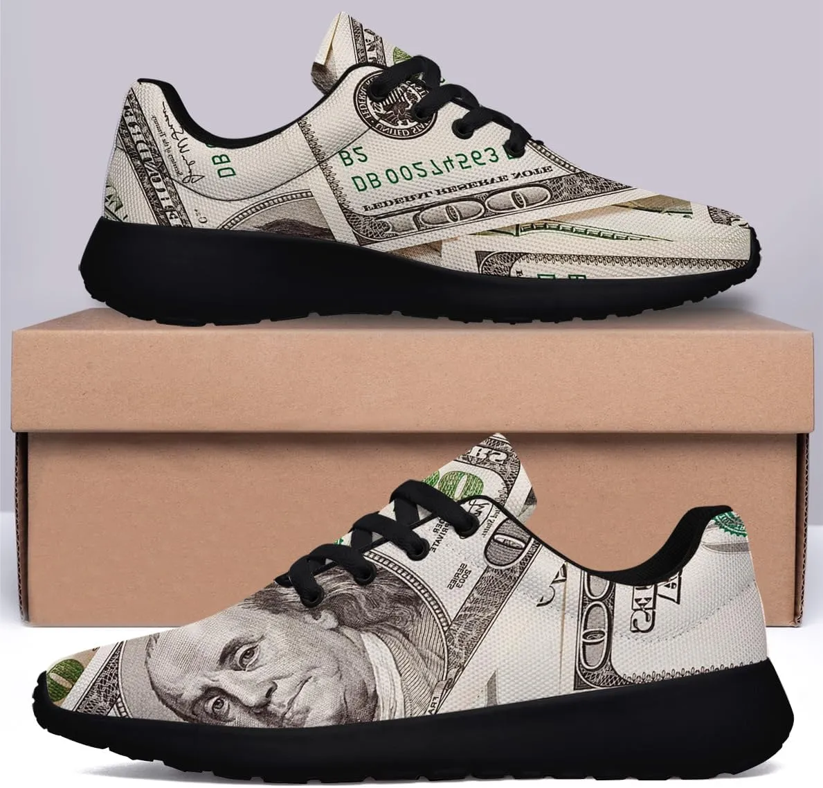 Sonzj-II Money Pattern Fashion Ultra Lightweight Running Sneakers Men Women 100 Dollar Bill Print Walking Tennis Shoes