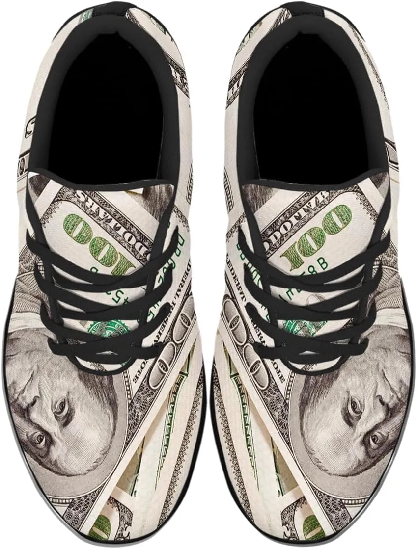 Sonzj-II Money Pattern Fashion Ultra Lightweight Running Sneakers Men Women 100 Dollar Bill Print Walking Tennis Shoes