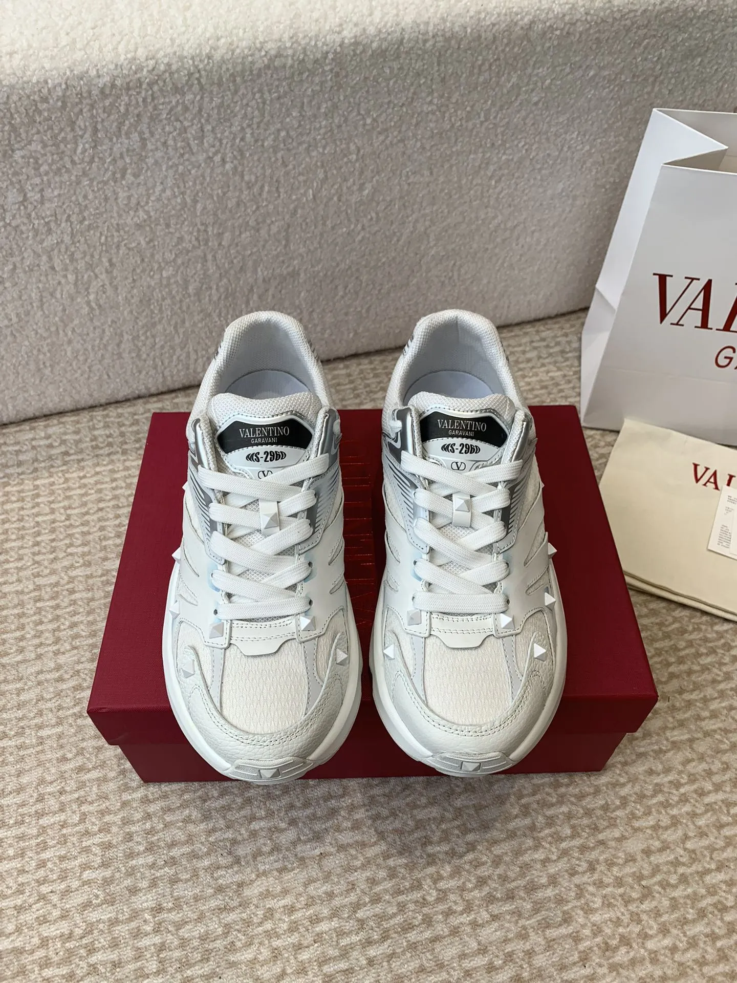 Valentino Sneaker 50mm In White Mix Grey Blue Mesh Fabric And Cowhide  814274