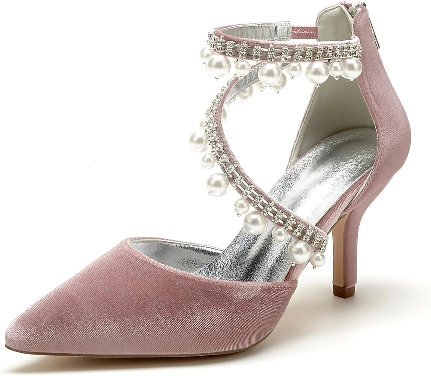 Womens Bridal Shoes Pointed Toe Wedding Shoes High Heel Beaded Pumps Heeled Ankle Buckle Court Sandals Evening Party Dress Stiletto,Pink,7