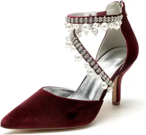 Womens Bridal Shoes Pointed Toe Wedding Shoes High Heel Beaded Pumps Heeled Ankle Buckle Court Sandals Evening Party Dress Stiletto,Wine red,8