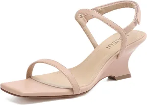Women's Heels Wedges Sandals Low Block Sandal Square Open Toe Heels for Women with Ankle Strap Comfort Party Dress Shoes
