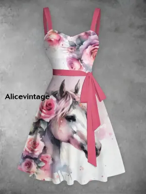 Women's Pink Derby Roses Lace-Up Dress