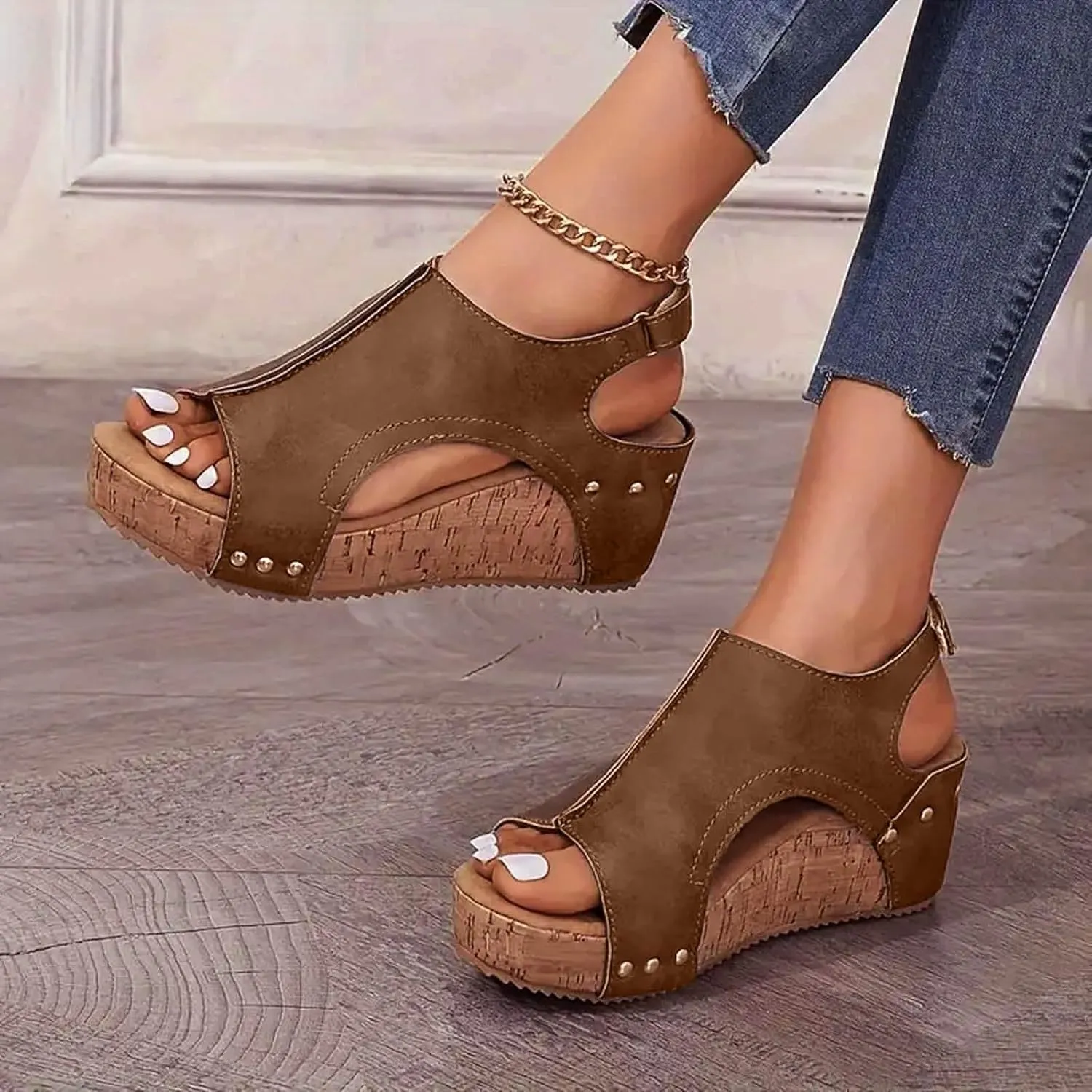 Women's Platform Wedge Sandals, Comfortable Open Toe Cork Casual & Dressy Summer Shoes Slip On Slides (a-Brown, 8)