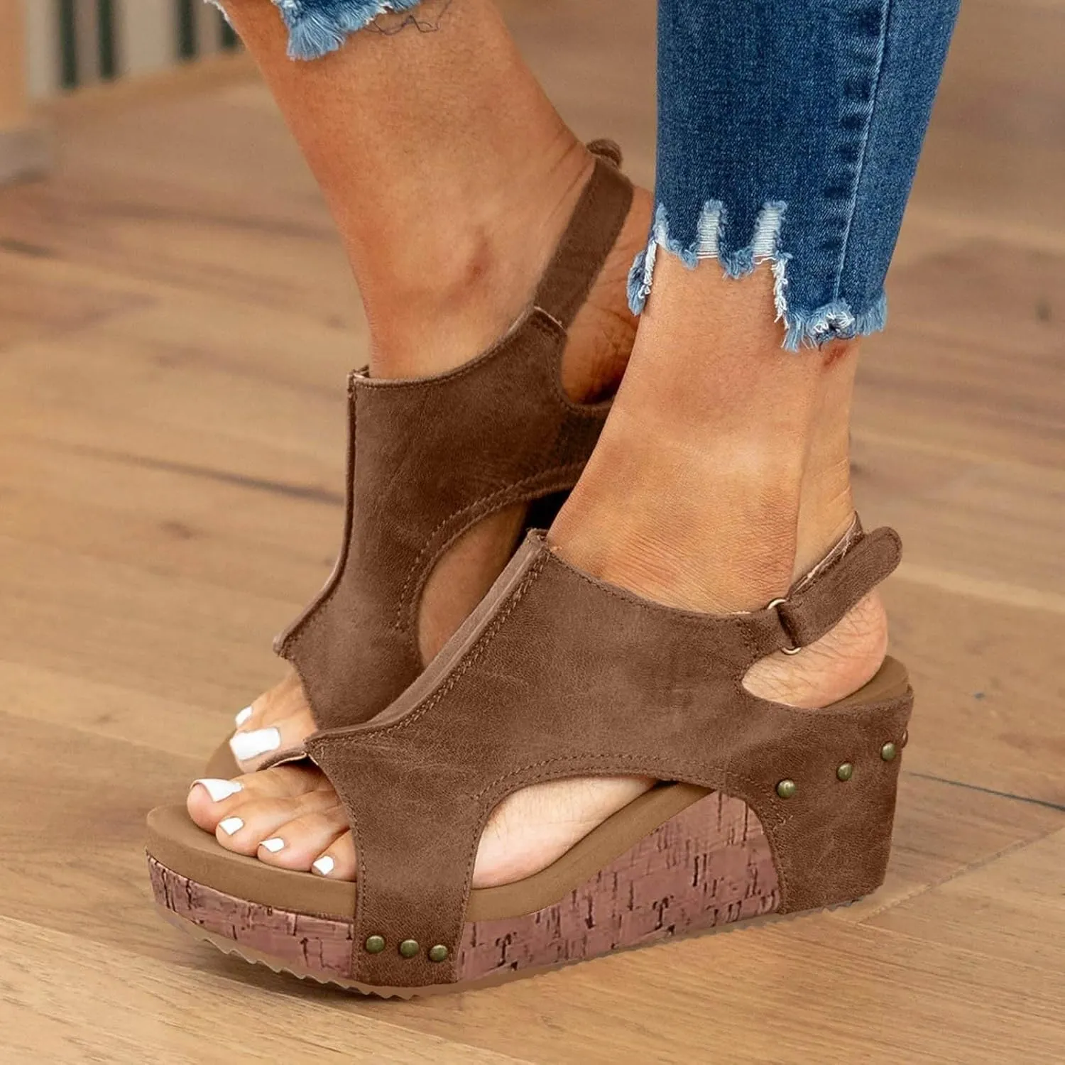 Women's Platform Wedge Sandals, Comfortable Open Toe Cork Casual & Dressy Summer Shoes Slip On Slides (a-Brown, 8)