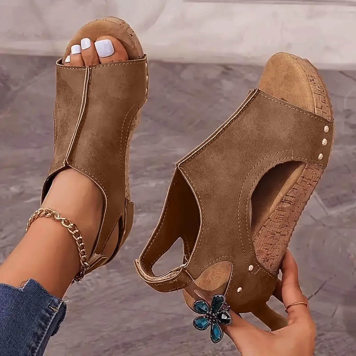 Women's Platform Wedge Sandals, Comfortable Open Toe Cork Casual & Dressy Summer Shoes Slip On Slides (a-Brown, 8)