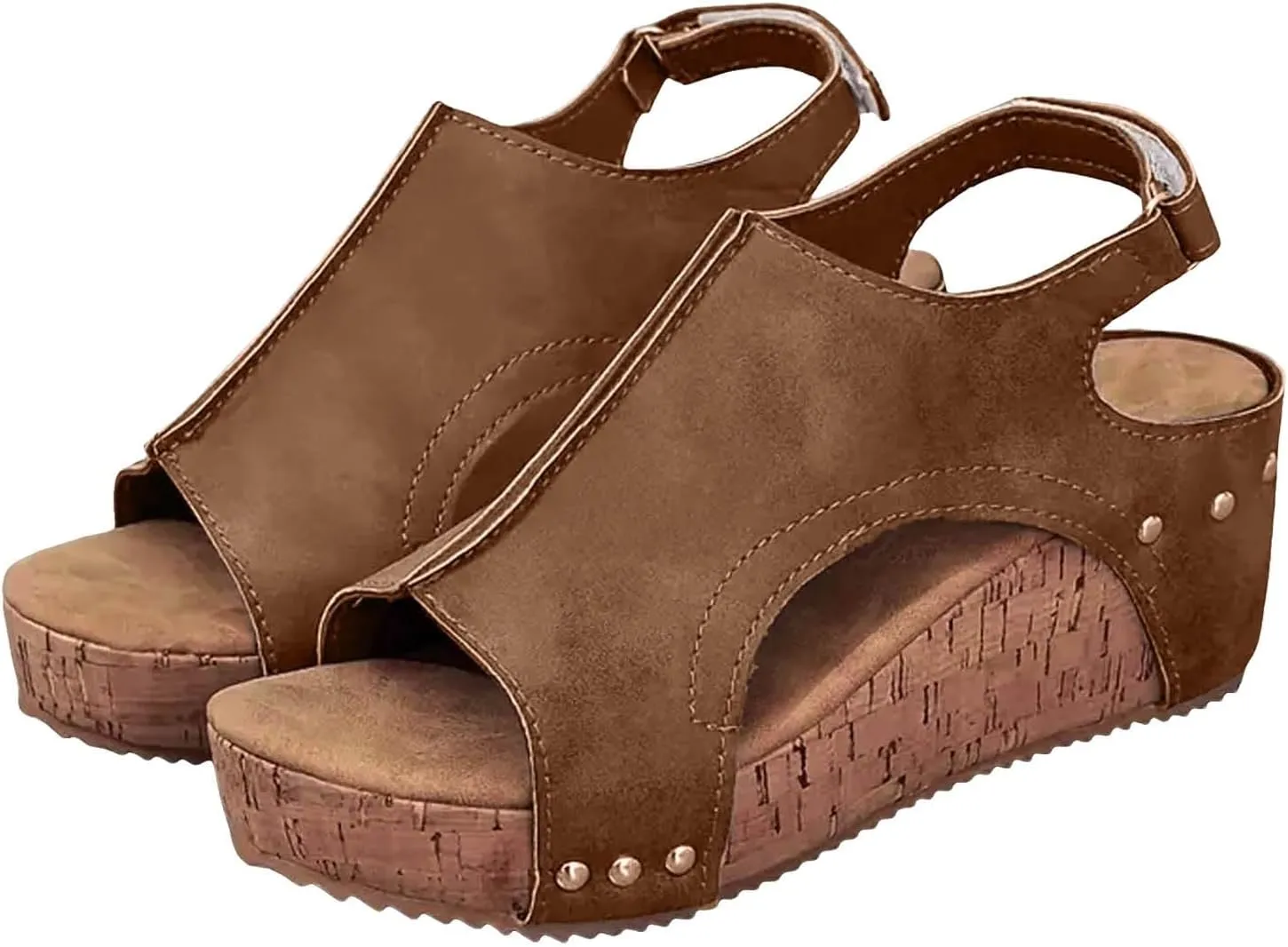 Women's Platform Wedge Sandals, Comfortable Open Toe Cork Casual & Dressy Summer Shoes Slip On Slides (a-Brown, 8)
