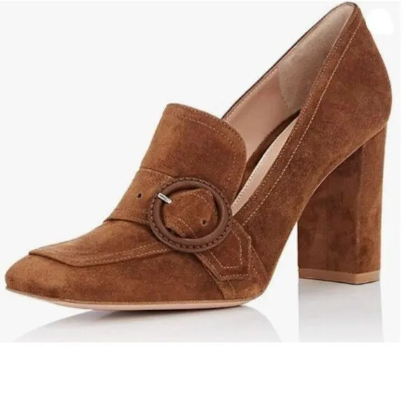 YDN Brown Chunky High Heels Square Toe Loafer Slip On Suede Pumps Buckle Shoes