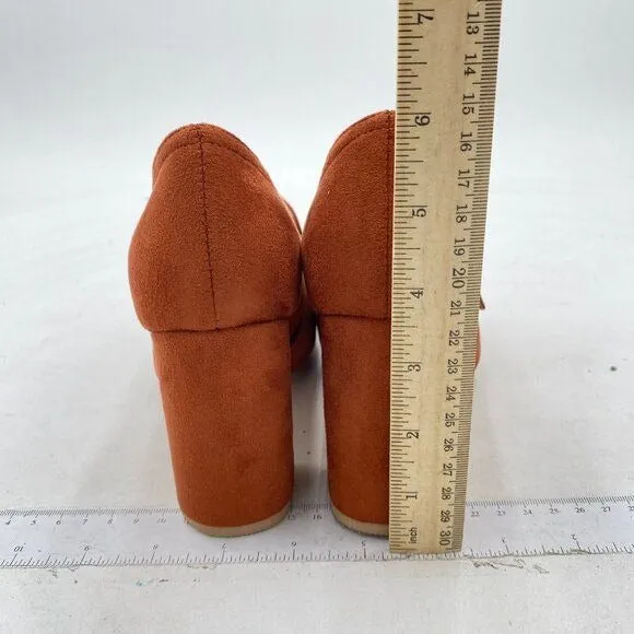 YDN Brown Chunky High Heels Square Toe Loafer Slip On Suede Pumps Buckle Shoes