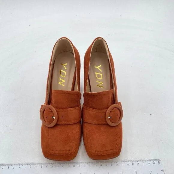 YDN Brown Chunky High Heels Square Toe Loafer Slip On Suede Pumps Buckle Shoes