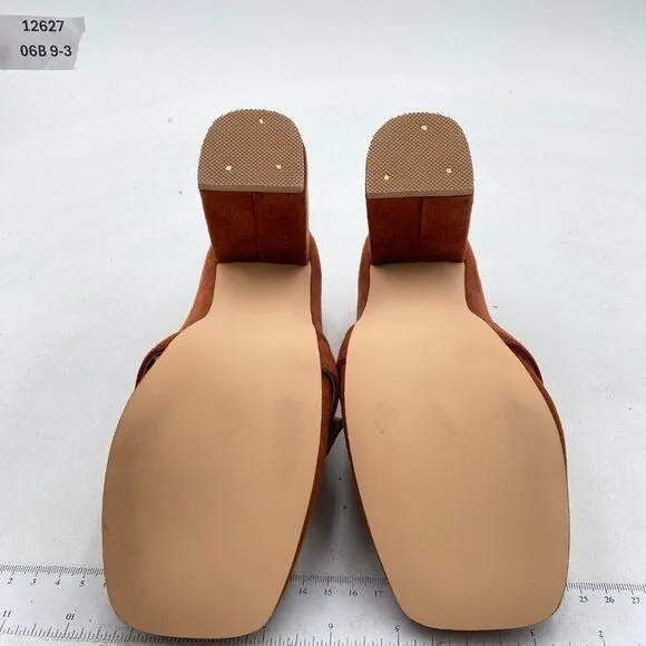 YDN Brown Chunky High Heels Square Toe Loafer Slip On Suede Pumps Buckle Shoes