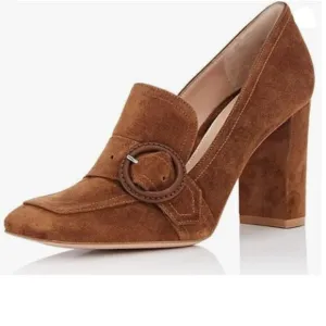 YDN Brown Chunky High Heels Square Toe Loafer Slip On Suede Pumps Buckle Shoes