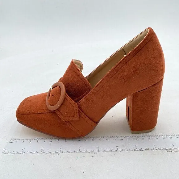YDN Brown Chunky High Heels Square Toe Loafer Slip On Suede Pumps Buckle Shoes